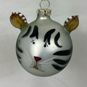 Gray Tiger Holiday Glass Ball Ornament. Hand Painted. Frosted.
